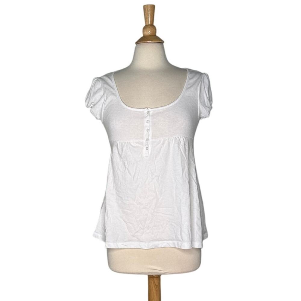 OneStepUp White Ribbed Babydoll Y2K Top Blouse Girly Basic Scoop Neck Flowy EE11